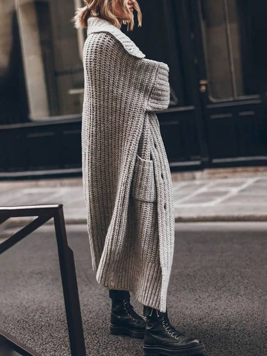 Women's Longline Chunky Knit Lapel Cardigan in Oversized Fit