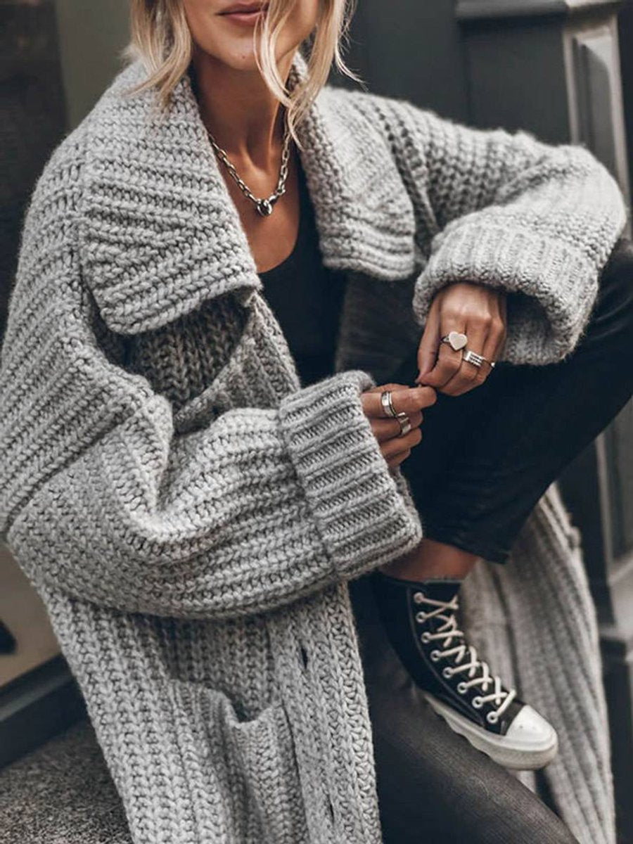 Women's Longline Chunky Knit Lapel Cardigan in Oversized Fit