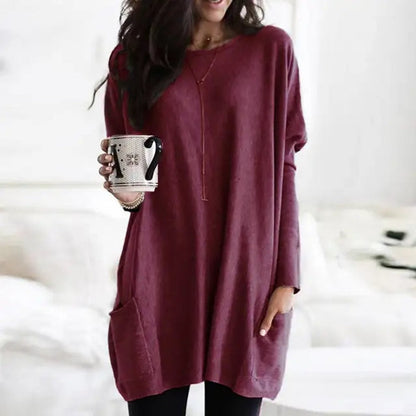 Women's Crewneck Long Sleeve Pocket Tunic Top in Oversized Fit