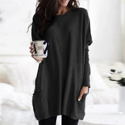 Women's Crewneck Long Sleeve Pocket Tunic Top in Oversized Fit