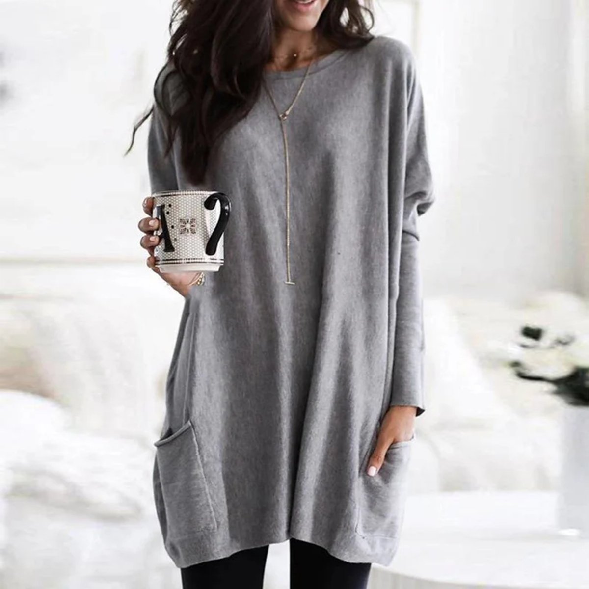 Women's Crewneck Long Sleeve Pocket Tunic Top in Oversized Fit