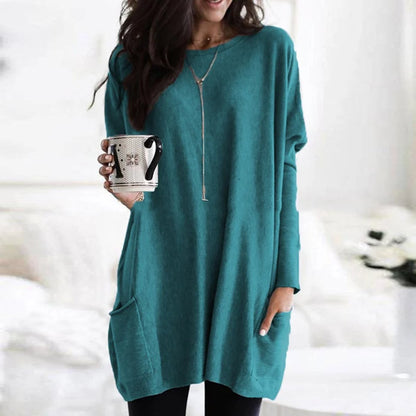 Women's Crewneck Long Sleeve Pocket Tunic Top in Oversized Fit