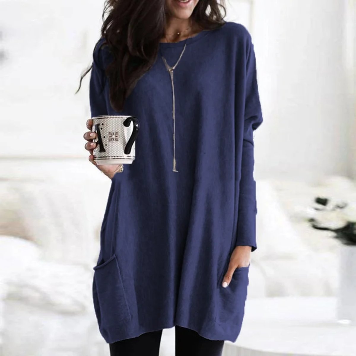 Women's Crewneck Long Sleeve Pocket Tunic Top in Oversized Fit