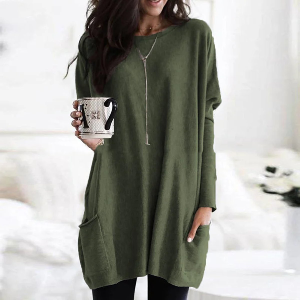 Women's Crewneck Long Sleeve Pocket Tunic Top in Oversized Fit