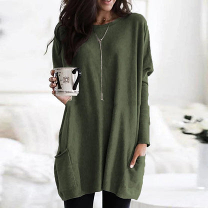 Women's Crewneck Long Sleeve Pocket Tunic Top in Oversized Fit