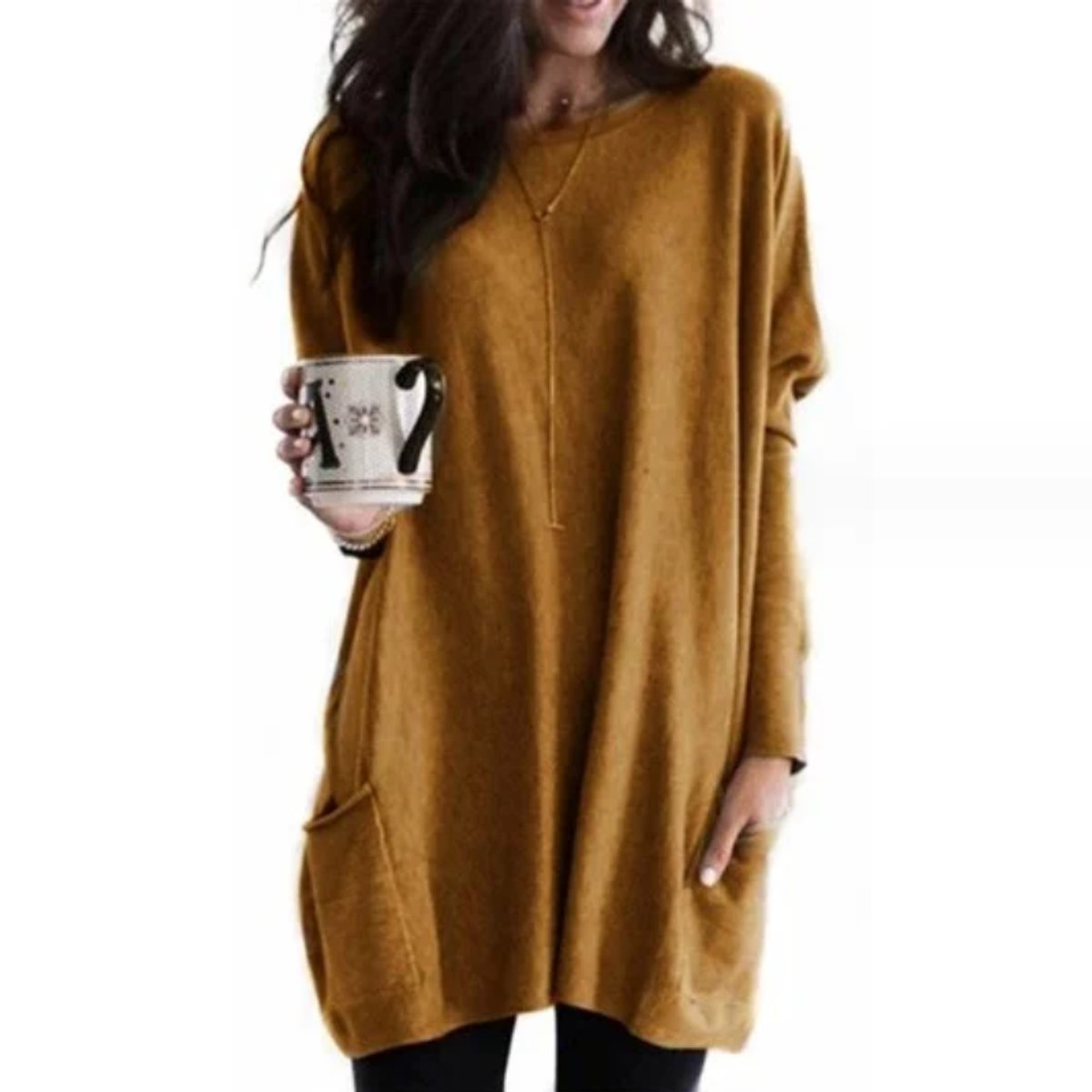 Women's Crewneck Long Sleeve Pocket Tunic Top in Oversized Fit