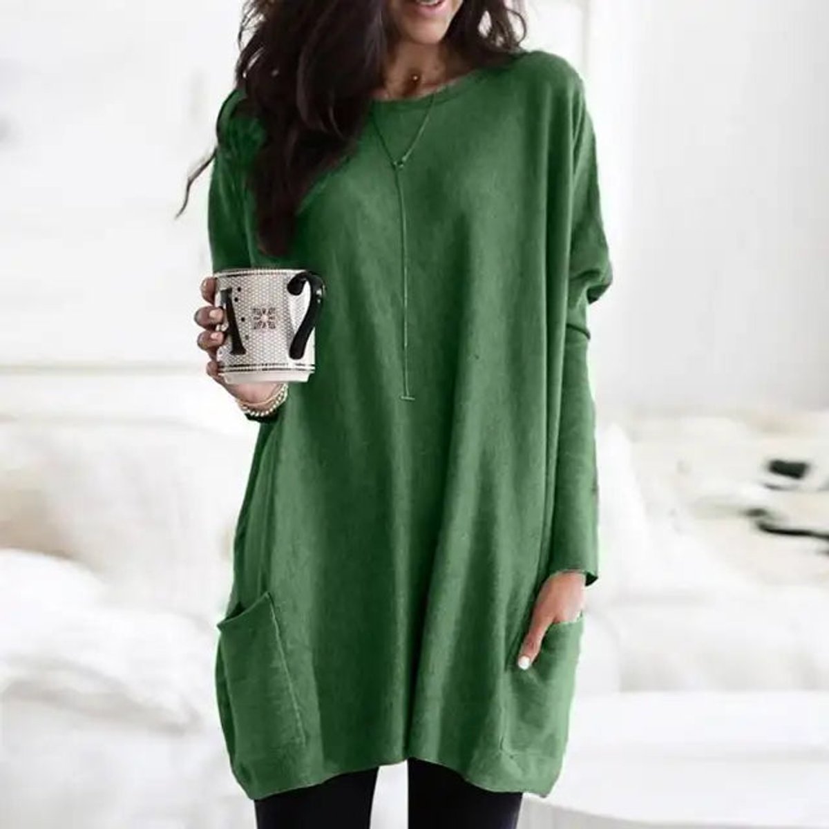 Women's Crewneck Long Sleeve Pocket Tunic Top in Oversized Fit