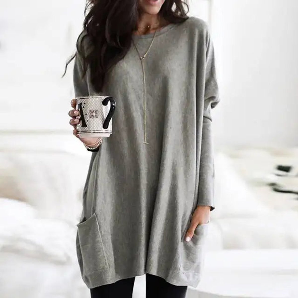 Women's Crewneck Long Sleeve Pocket Tunic Top in Oversized Fit