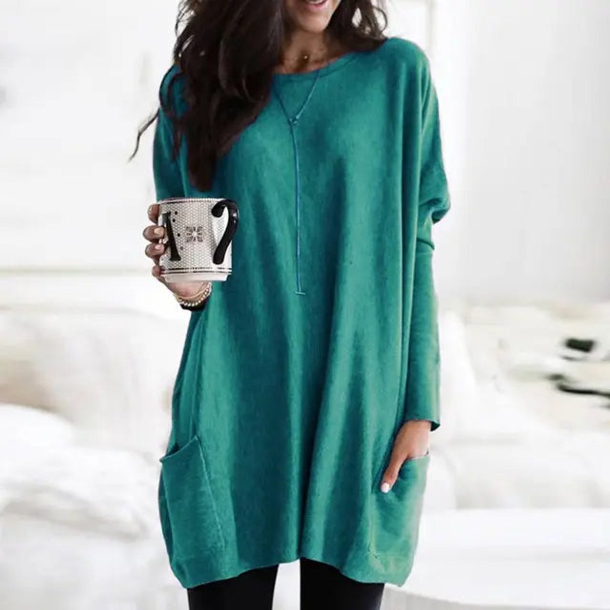 Women's Crewneck Long Sleeve Pocket Tunic Top in Oversized Fit