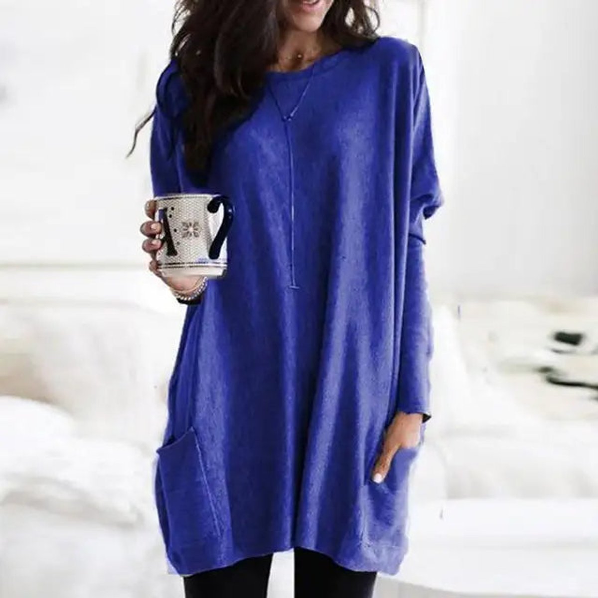Women's Crewneck Long Sleeve Pocket Tunic Top in Oversized Fit