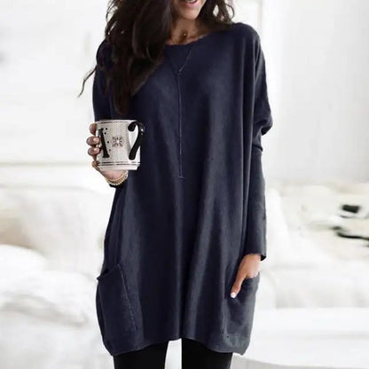 Women's Crewneck Long Sleeve Pocket Tunic Top in Oversized Fit