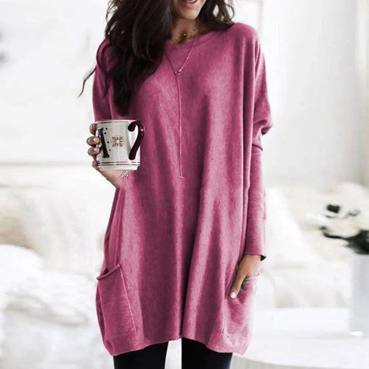 Women's Crewneck Long Sleeve Pocket Tunic Top in Oversized Fit