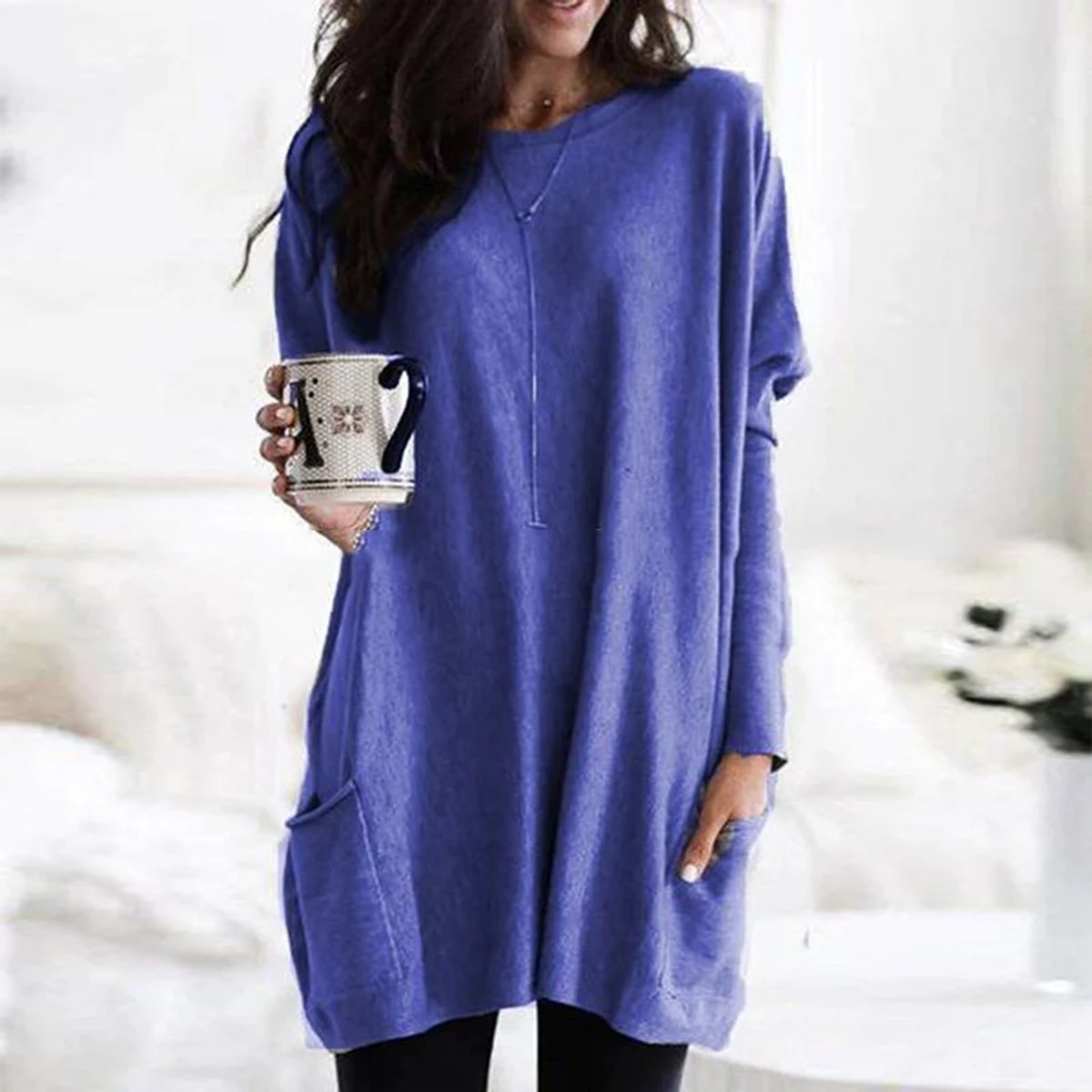 Women's Crewneck Long Sleeve Pocket Tunic Top in Oversized Fit