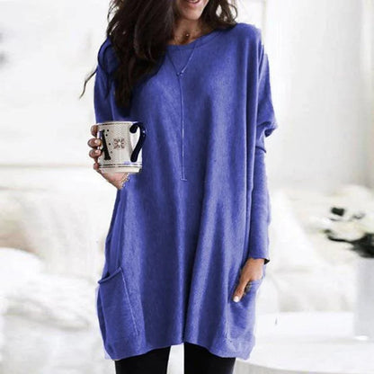 Women's Crewneck Long Sleeve Pocket Tunic Top in Oversized Fit