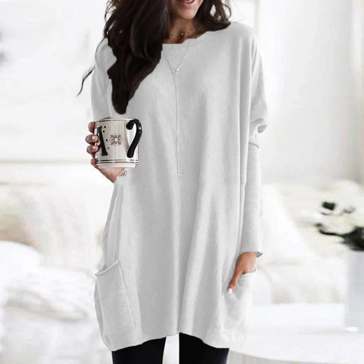 Women's Crewneck Long Sleeve Pocket Tunic Top in Oversized Fit