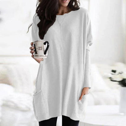Women's Crewneck Long Sleeve Pocket Tunic Top in Oversized Fit