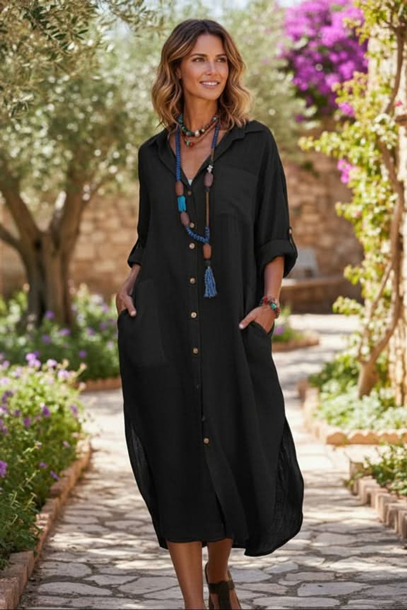 Women's Loose-Fitting Linen Midi Evening Dress