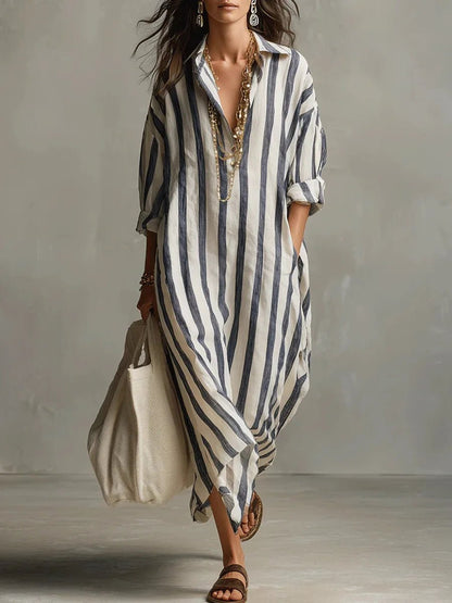 Women's Loose Striped Linen Maxi Shirt Dress