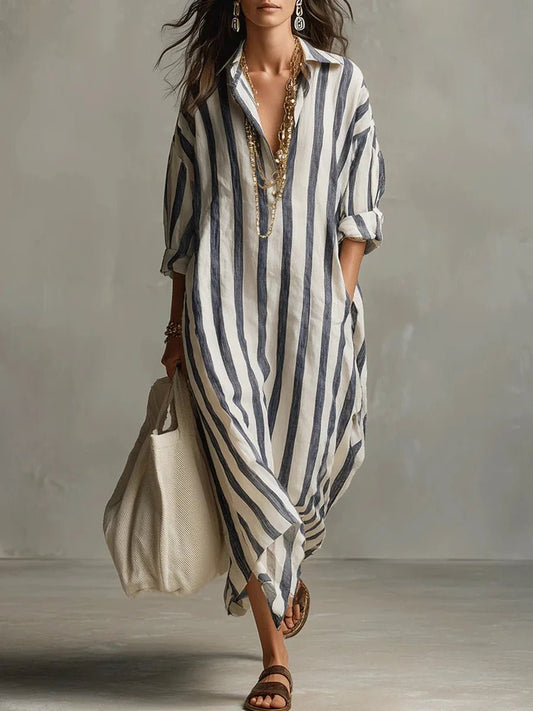 Women's Loose Striped Linen Maxi Shirt Dress