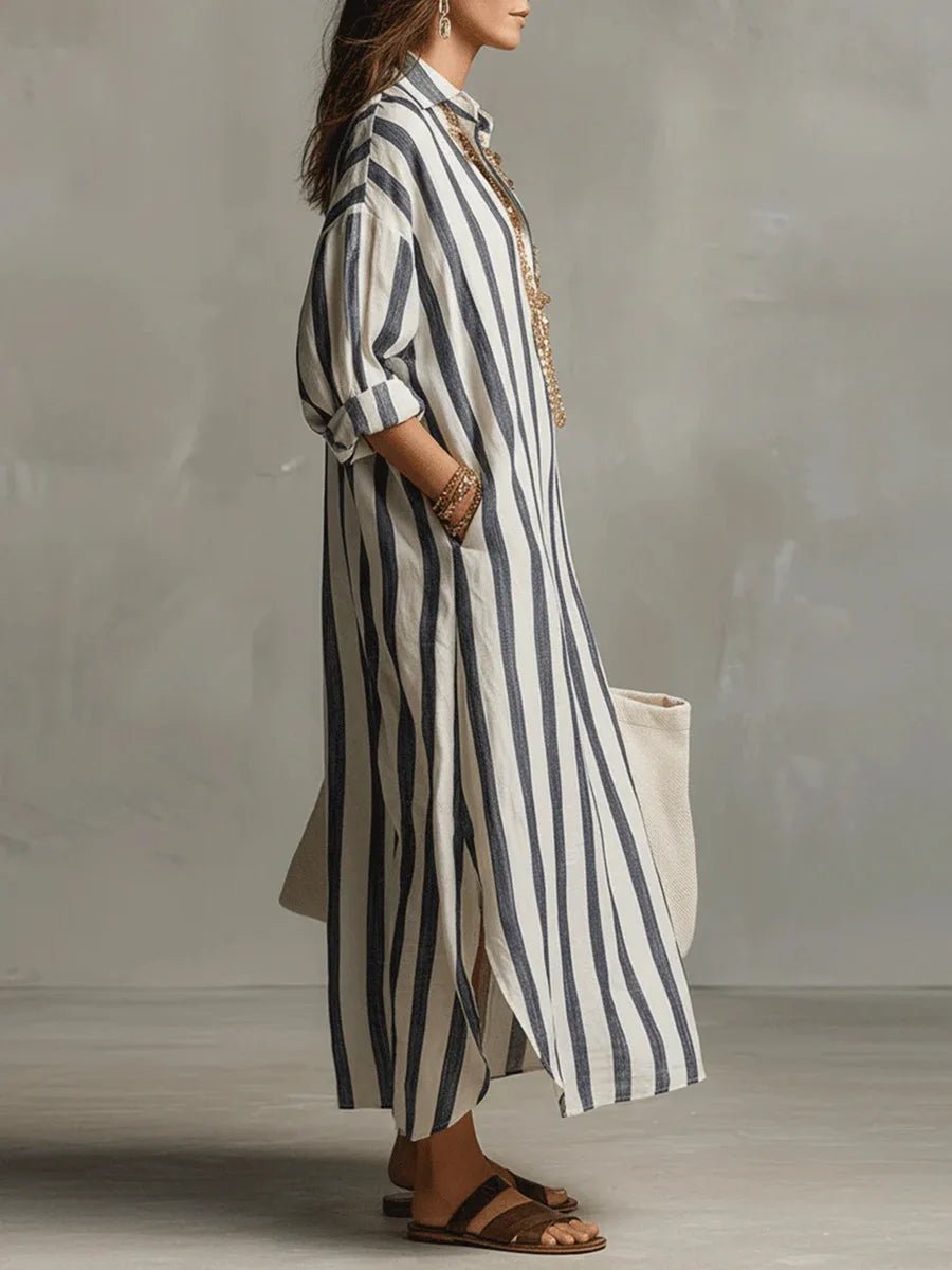 Women's Loose Striped Linen Maxi Shirt Dress