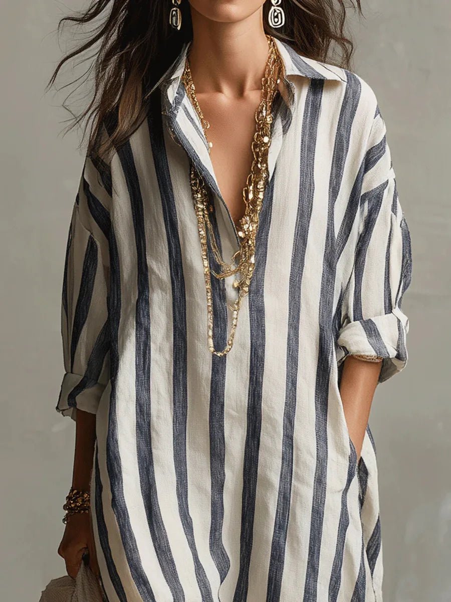 Women's Loose Striped Linen Maxi Shirt Dress