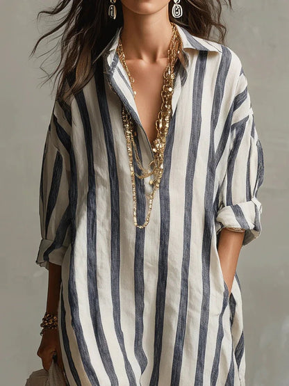 Women's Loose Striped Linen Maxi Shirt Dress