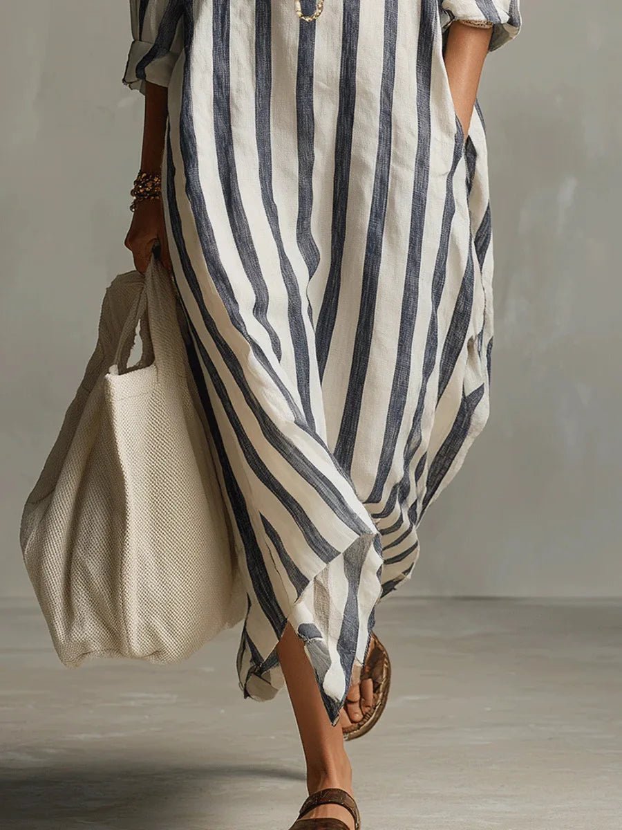 Women's Loose Striped Linen Maxi Shirt Dress