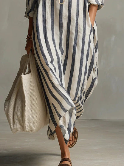 Women's Loose Striped Linen Maxi Shirt Dress