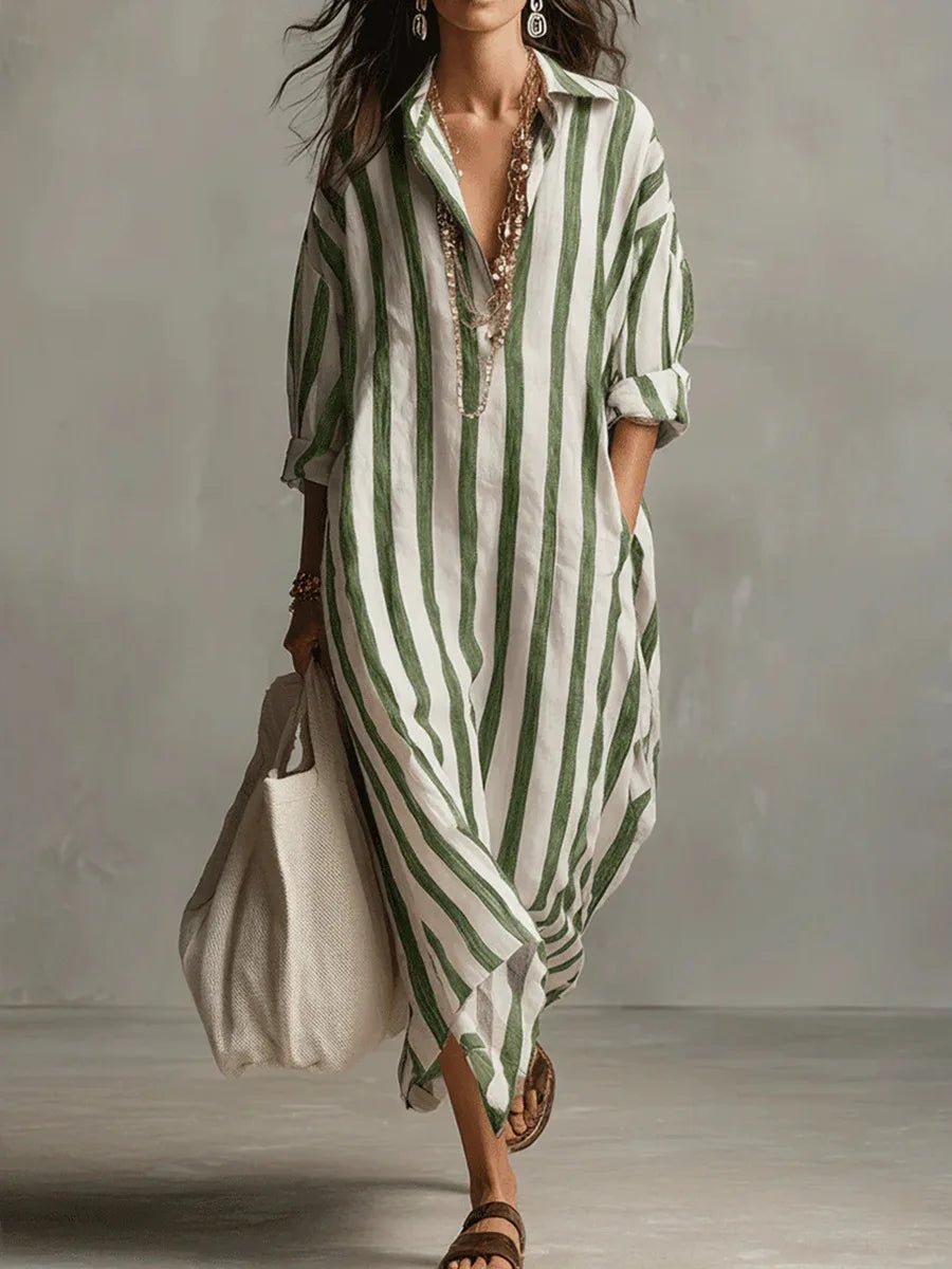 Women's Loose Striped Linen Maxi Shirt Dress