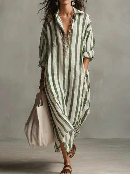 Women's Loose Striped Linen Maxi Shirt Dress