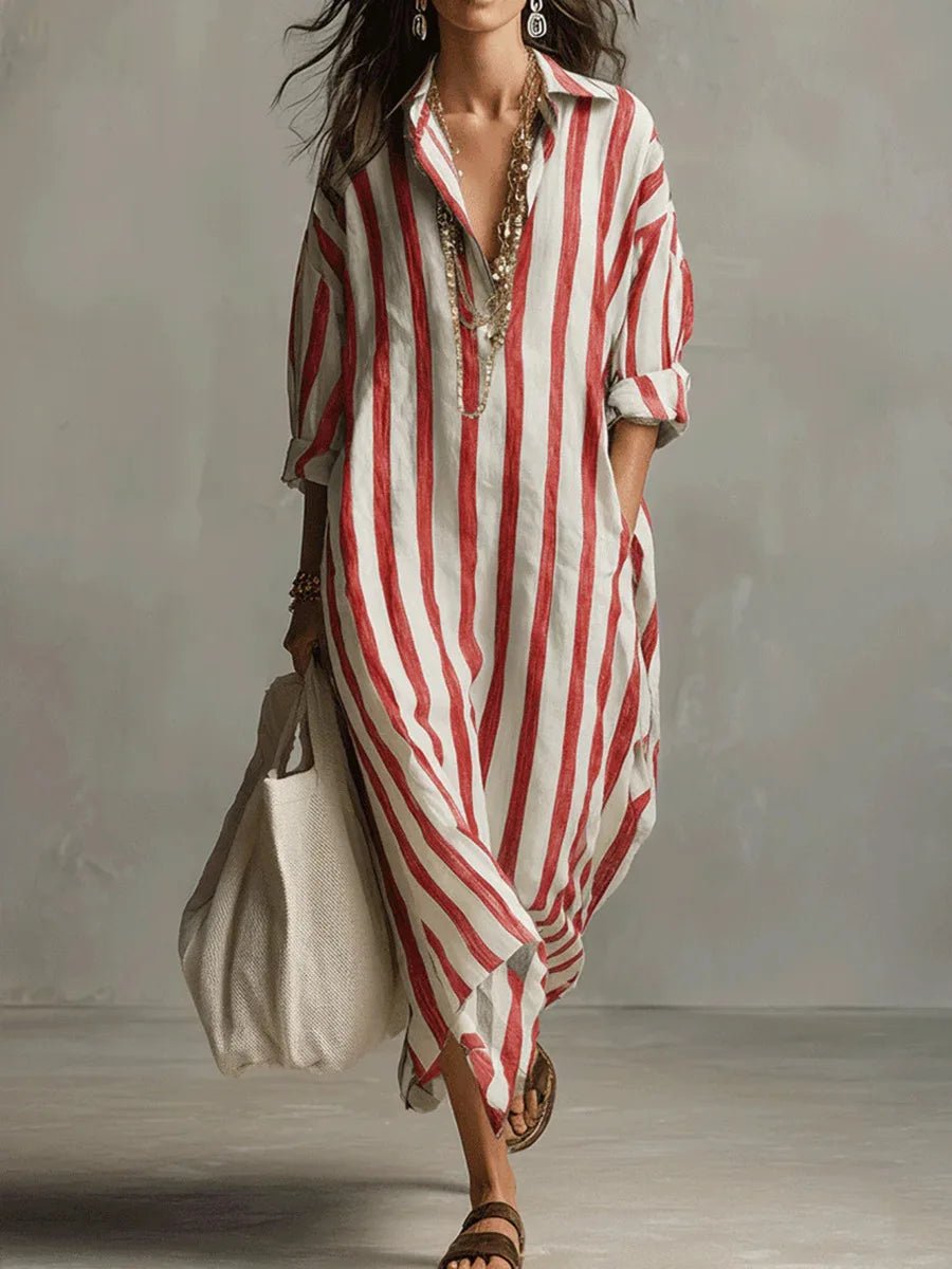 Women's Loose Striped Linen Maxi Shirt Dress