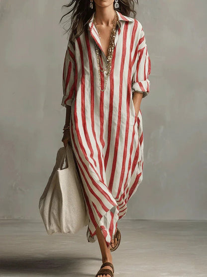 Women's Loose Striped Linen Maxi Shirt Dress