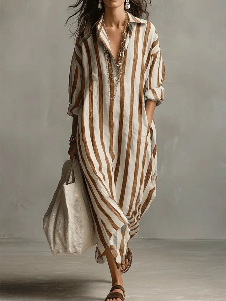 Women's Loose Striped Linen Maxi Shirt Dress