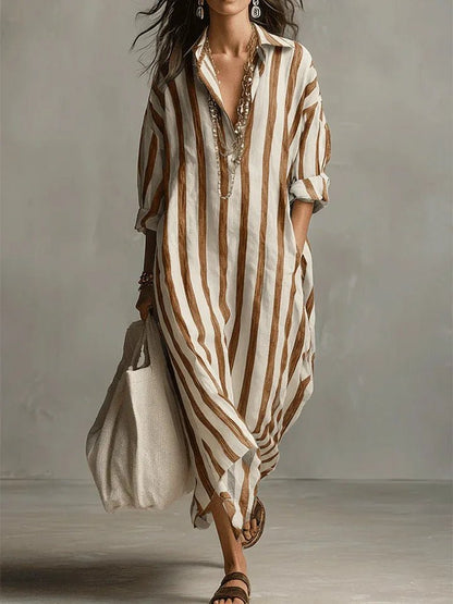 Women's Loose Striped Linen Maxi Shirt Dress