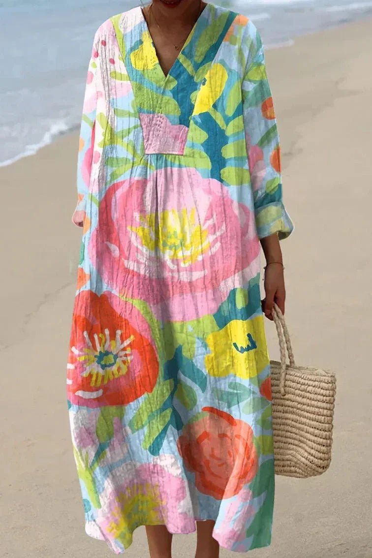 Women's Long-Sleeve Floral Print Linen Oversized V-Neck Maxi Dress
