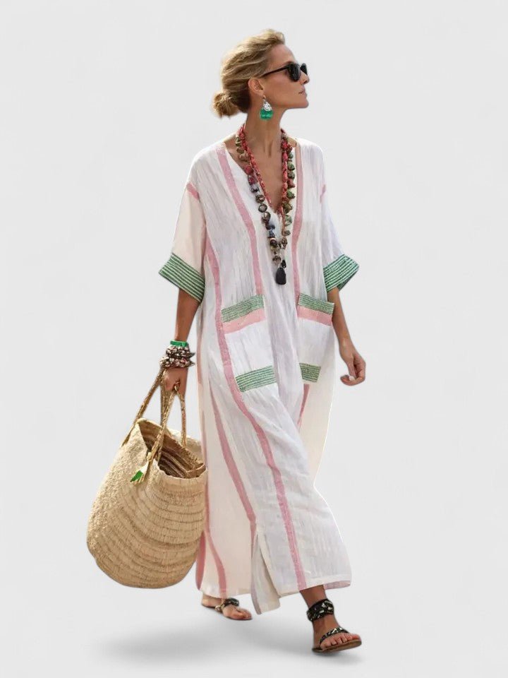 Women's Oversized V-Neck Striped Linen Boho Maxi Dress