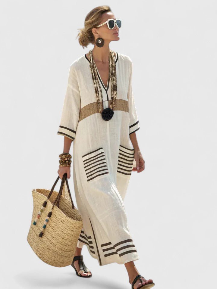 Women's Oversized V-Neck Striped Linen Boho Maxi Dress