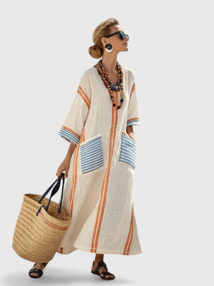 Women's Oversized V-Neck Striped Linen Boho Maxi Dress