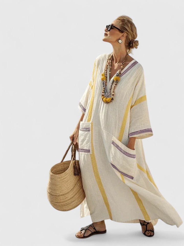 Women's Oversized V-Neck Striped Linen Boho Maxi Dress