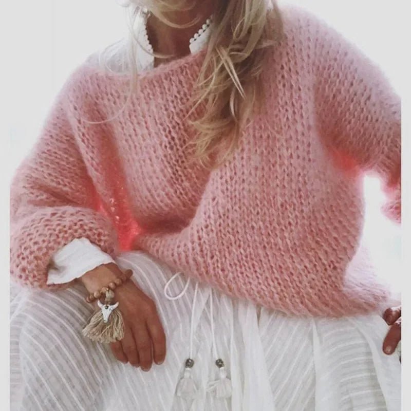 Loose-Fit Fuzzy Knit Pullover Sweater for Women