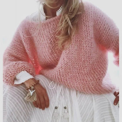 Loose-Fit Fuzzy Knit Pullover Sweater for Women
