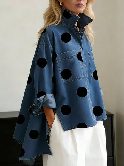 Women's Oversized Long-Sleeve Polka Dot Button Blouse