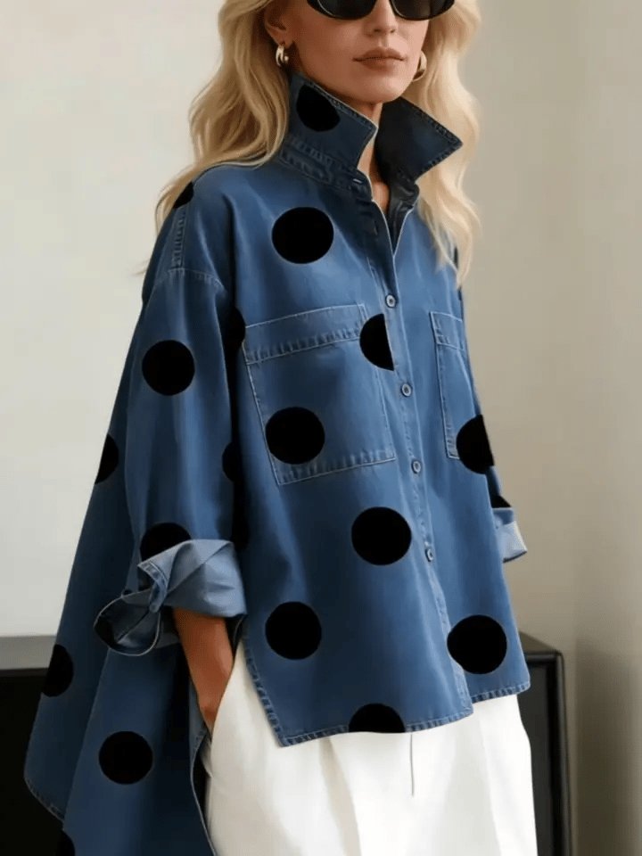 Women's Oversized Long-Sleeve Polka Dot Button Blouse