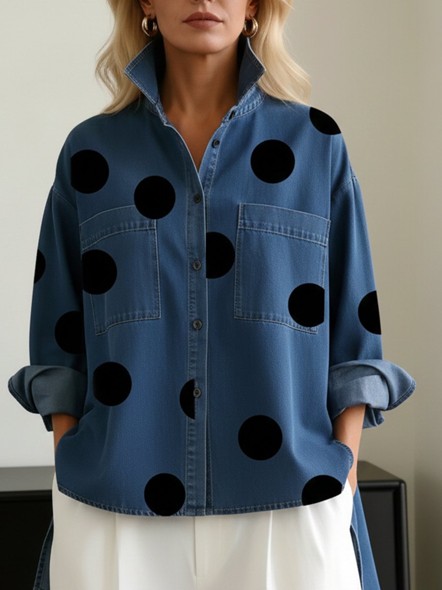 Women's Oversized Long-Sleeve Polka Dot Button Blouse