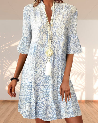 Women's 3/4-Sleeve Paisley Pattern V-Neck Dress