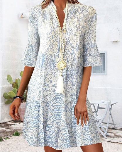Women's 3/4-Sleeve Paisley Pattern V-Neck Dress