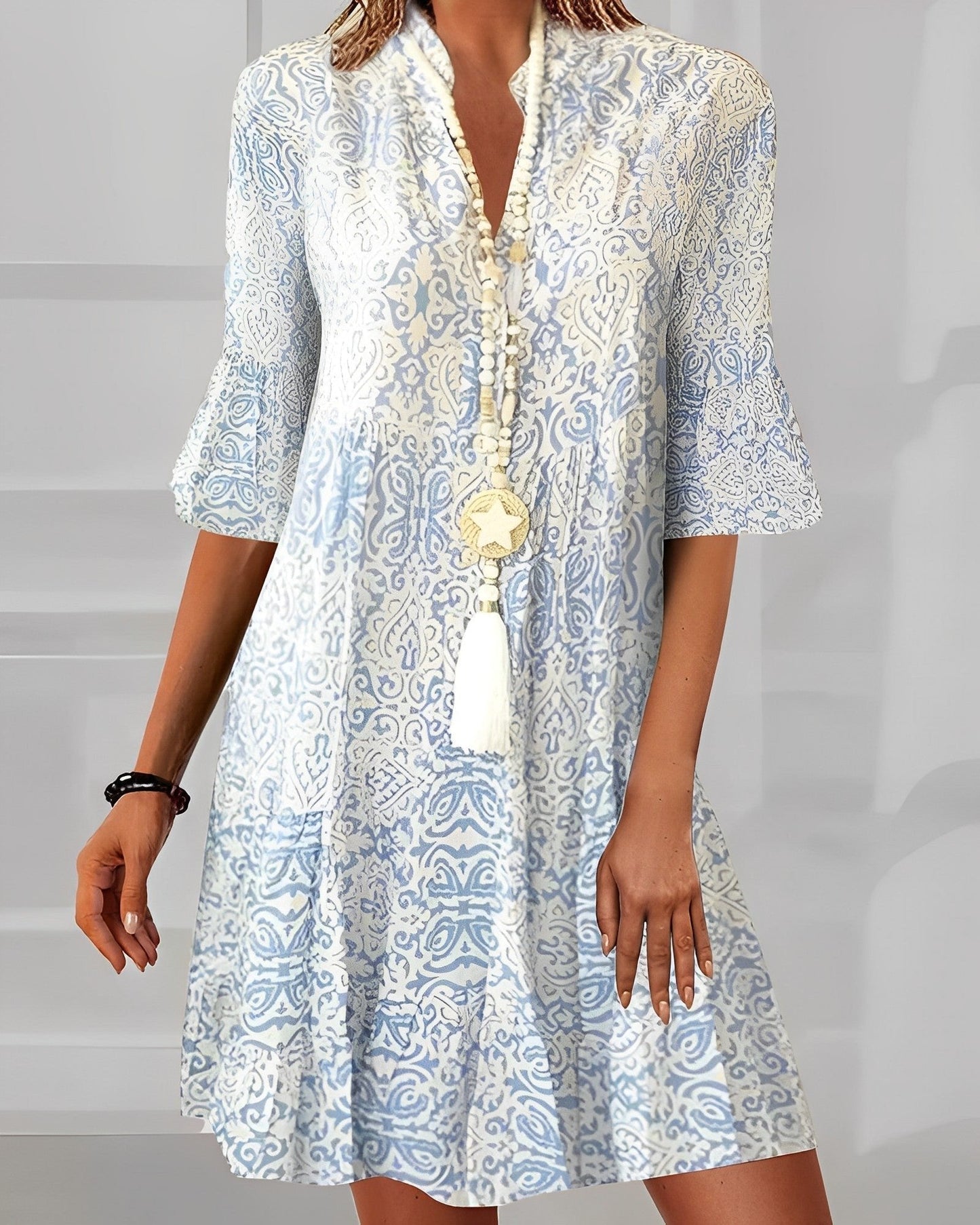 Women's 3/4-Sleeve Paisley Pattern V-Neck Dress