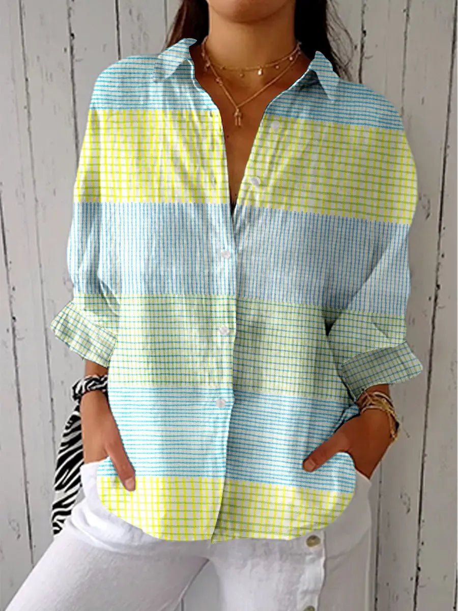 Women's Relaxed Button-Up Pastel Plaid Blouse