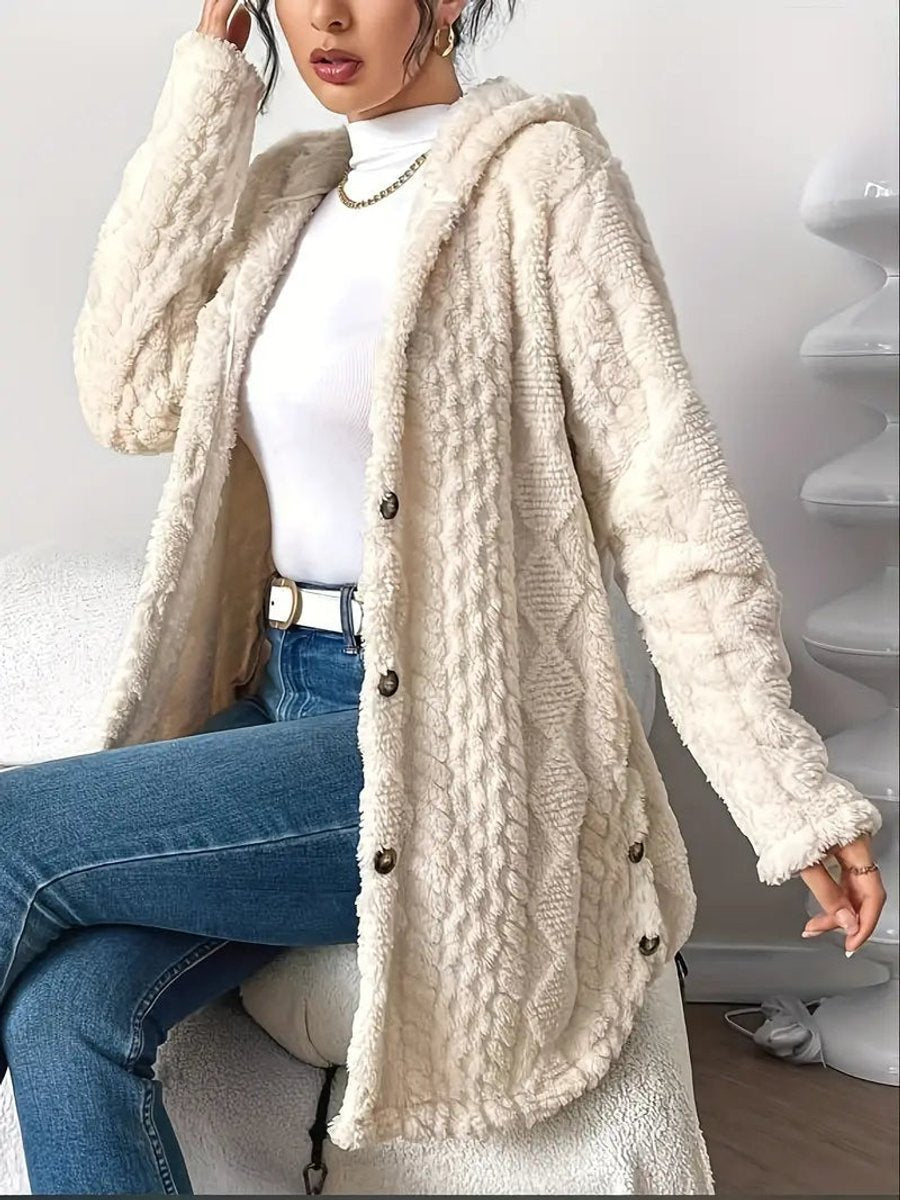Women's Buttoned Longline Plush Hooded Cardigan