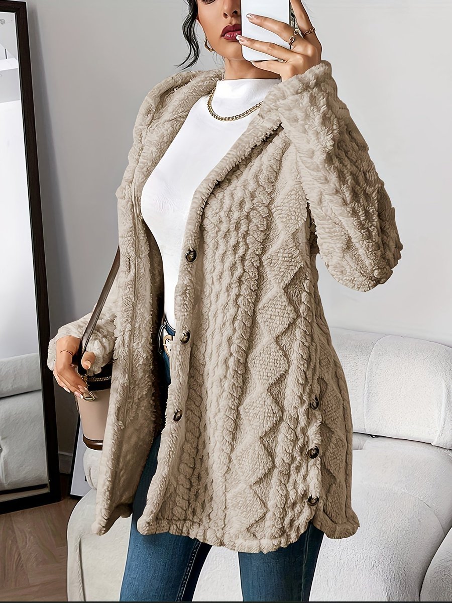Women's Buttoned Longline Plush Hooded Cardigan